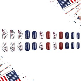 Uñas Postizas 4 de Julio – 24 Piezas Uñas Cuadradas Rojas, Azules y Brillantes con Estrellas, Patrióticas para Mujer, Uñas Falsas con Pegamento y Accesorios Incluidos
