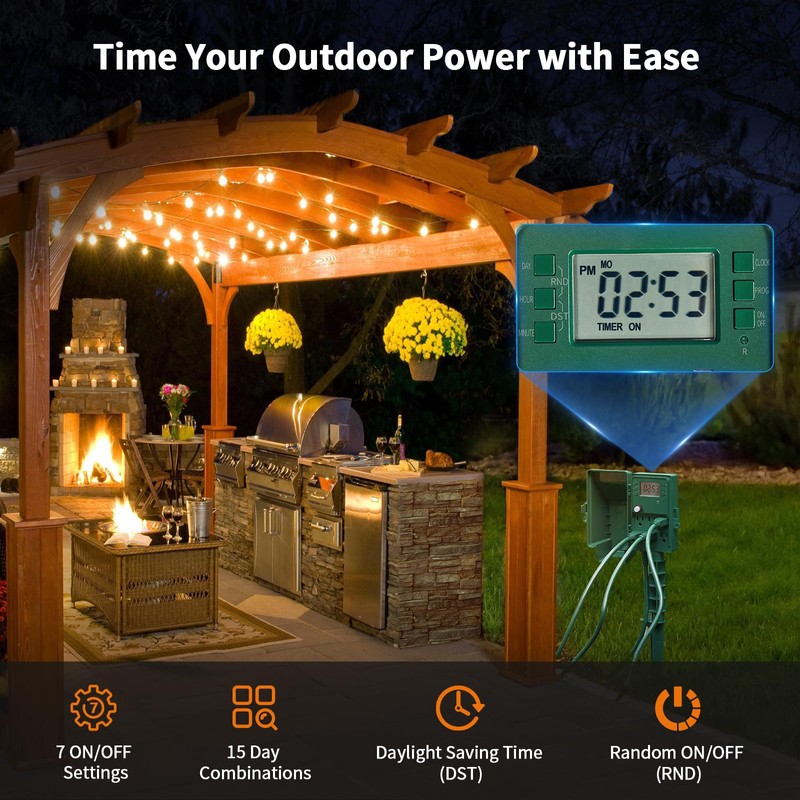 SURAIELEC Outdoor Power Stake, 7-Day Programmable Digital Timer, Power Strip