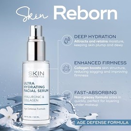 Skin Aesthetics Suero de ácido hialurónico para cara, probado por dermatólogos, con colágeno para antienvejecimiento, ultra hidratante, líneas finas, 