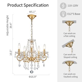 ANJIADENGSHI Mini Crystal Chandelier K9 Crystal Gold Chandelier for Living Room Bedroom Dining Room Kitchen Island Entryway 5 E12 Bulbs High 16.5 in x Diameter 16.9 in, Golden