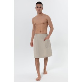 SEYANTE 100% Turkish Cotton Men's Spa Wrap, Bath Robes with Adjustable Closure, Textured, Rice Weave Trim (Large/X-Large, Stone Beige)