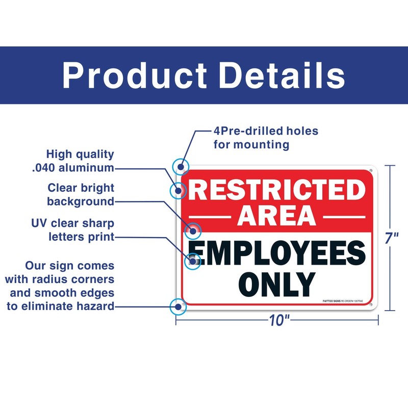 Faittoo Restricted Area Employees Only Sign, 10 x 7 Inches