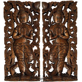Sawaddee Wall Sculpture. Thai Wood Wall Art - Asian Carved Wood Wall Decor Size 17.5”x7.5”x1 Each, Set of 2 Pcs.