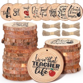 32 Pcs Wooden Christmas Teachers Ornaments Round Rustic Christmas Ornaments Love Inspire Teacher Ornament Appreciation Gifts with 3.8 Yard Ropes for Teachers Graduation Thank You Gifts