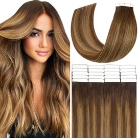 Real Human Hair Tape in Extensions Silky Tape in Extensions Human Hair Straight Seamless Invisible Tape in Hair Extensions Human Hair Chocolate Brown to Caramel Blonde with Brown Roots 16 Inch 100g