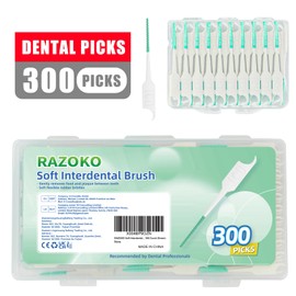 RAZOKO Soft Interdental Brushes Original, Dental Picks for Cleaning Teeth, Disposable Interdental Brushes, with Convenient Carry Case (Green, 300 Count)