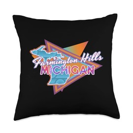 MI Hometown Classic 80s 90s Retro Souvenir Apparel Farmington Hills Michigan Vintage Retro Throwback Throw Pillow, 18x18, Multicolor