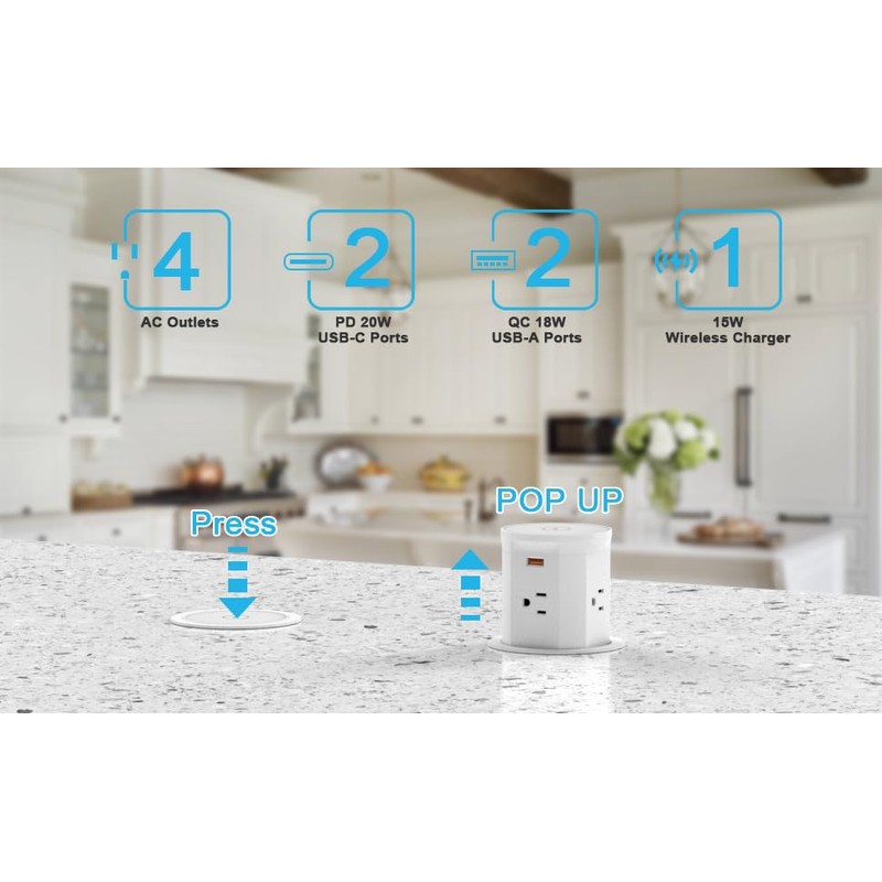 Pop Up Outlet for Countertop 20W USB C Fast Charging