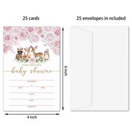 Yuansail Pink Floral Woodland Animals Baby Shower Invitation Cards, Fill In Invites Cards, 25 Pcs 4x6 Inches Cards And Envelopes -04