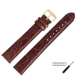 22 mm XL Extra Long, with Stitching – Brown Crocodile Embossed Leather Watch Strap With Spring Bars & Tool – Watch Strap in Length – MARBURGER Watch Band Since 1945 – Dark Brown/Gold