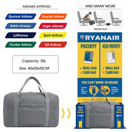 for Ryanair Airlines Cabin Bag 40x20x25 Underseat bag, Foldable Travel Duffle Tote Bag Waterproof Holdall Hand Bag for Flight, Essential Weekend Carry-on Luggage Overnight bag for Women and Men