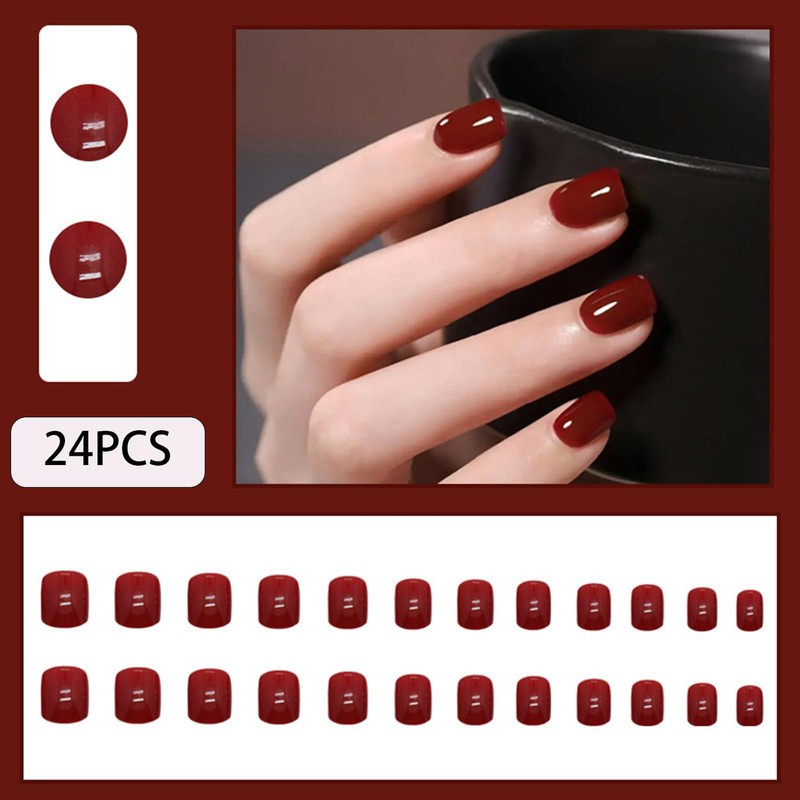 WAFOLOZE Red Press on Nails Short, 24pcs Nails Press on
