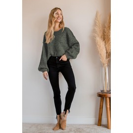 Jumppmile Women's Crewneck Cropped Sweater Long Sleeve Oversized Tops Fall Winter Crop Knit Sweater M Army Green