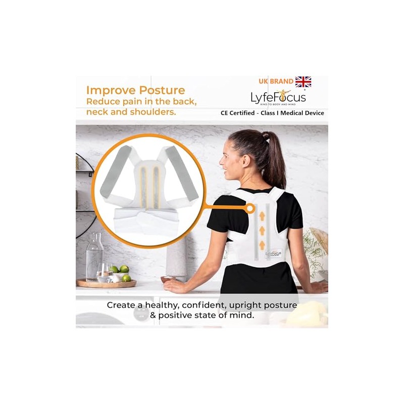 LyfeFocus S1 Posture Corrector Back Brace, White, Medium