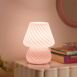 ONEWISH Mushroom Lamp-Small Bedside Table Lamp with Striped Glass, Nightstand Lamp for Bedroom, Living Room, Cafe, Bulb Included, Home Decor for Girls Women, Pink