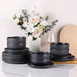 AmorArc Ceramic Dinnerware Sets, Wavy Rim Stoneware Plates and Bowls Sets,Dishwasher & Microwave & Oven Safe Dishes set, Service for 6 (18pc)-Charcoal Matte