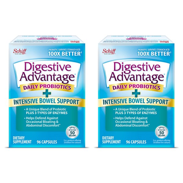 Digestive Advantage IBS Probiotics for Digestive Health & Intensive Bowel Support, for Women & Men with Digestive Enzymes, Support for Occasional Bloating & Gut Health, 96ct Capsules (2)