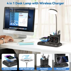 KDD 4 in 1 Desk Lamp with Wireless Charger - 360° Rotating Gooseneck Small Table Lamp with Pen Holder & Phone Stand, Adjustable White and Warm Light Dual Mode LED Desk Light for College Dorm Room