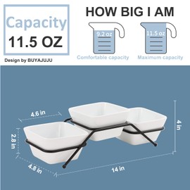 Buyajuju 3 pcs square bowl Porcelain Chip & Dip Serving Set with Black Metal Stand, 4.5inch White Small Serving Bowls for Side Dishes, Salsa, Appetizer, Serving Dishes for Entertaining