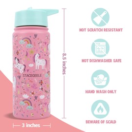 STACEGEELE Kids Stainless Steel Water Bottle with Straw Kids Insulated Water Thermos for School Kids Metal Water Bottles for Boys Girls Double Wall Vacuum Leak Proof BPA Free 18oz 550ml Princess