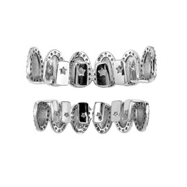 JINAO Hip Hop Grillz Iced Out Cubic Zirconia Top and Bottom Mouth Grills for Your Teeth 14K Gold Plated Grill Set for Men Women(Silver)