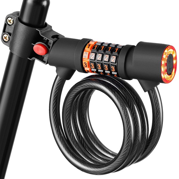 Aninako Bicycle Dial Wire Lock, Length 47.2 inches (120 cm), Diameter 0.47 inches (12 mm), Bicycle Tail Lamp, 2 in 1 Design, 5 Bit Encryption Lock, Anti-Theft, Dial Lock Light, Convenient to Unlock at
