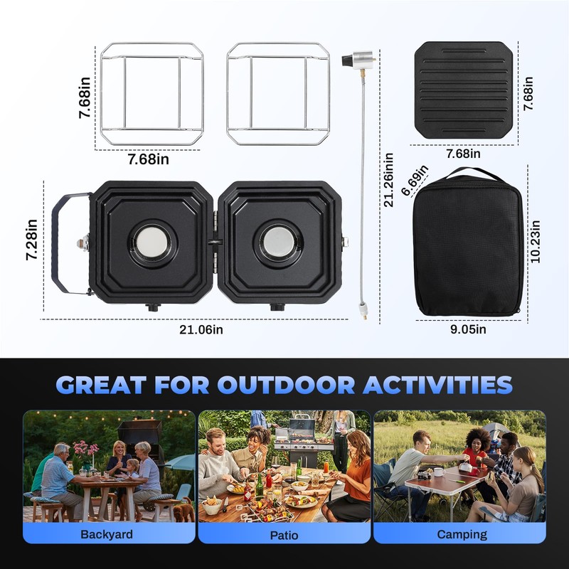 2-Burner Foldable Camping Stove with Griddle and Carrying Bag，16000 BTU