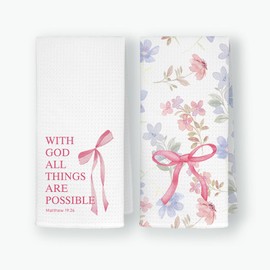 JKMBN Christian Coquette Pink Bows Kitchen Towels Set of 2, with God All Things are Possible Bible Verse Hand Towels Tea Towels, Christian Gifts for Women, Pink Dishcloth for Home Bathroom 16x24 Inch