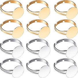 Herdear 40 Pieces Blank Ring Plated Adjustable Flat Ring 12 mm DIY Blank Ring Base Jewelry Finding Ring (Silver, Gold)