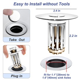 WSYLEN Bathroom Sink Stopper Pop Up, 3 in 1 Bathroom Sink Drain Strainer with Two-Section Removable Brass Basket Hair Catcher,Universal for 1.1 to 1.6in Drain, Chrome Silver, 2PCS