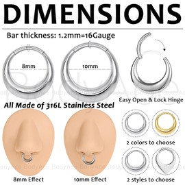 BodyAce 16G Septum Rings Nose Hoop, 316L Stainless Steel Segment Septum Clicker for Men Women, Gold Moon Cartilage Earrings for Daith, Rook, Tragus [Gold Triangle;Hoops:8mm]