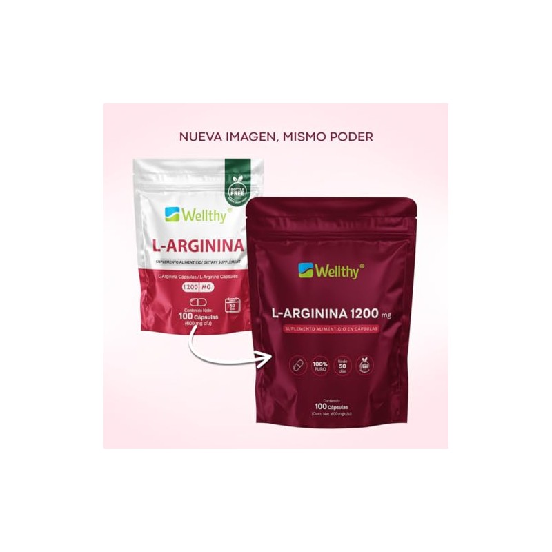 Wellthy L-Arginina 1200mg 100 Caps. 100 Pura y Natural, 50