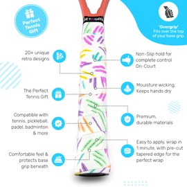 GET A GRIP - Custom Tennis Racket Grip Tape - Anti-Slip/Quick-Drying Tennis Overgrips - Precut Badminton Racket Grip with Finishing Tape - Squash Racket Grip Tapes (Spring & Bounce, 1 Grip)