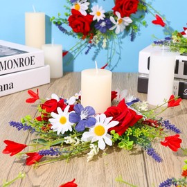 4 Pcs Veterans Day Red White and Blue Candle Rings 3 Inch Patriotic Pillars Candle Wreaths Mini Floral American Wreath 4th of July Independence Day Rings Wreaths for Table Window Door Decor