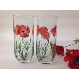 Rossvar Pair of Hand Painted Red Poppy Design Hi-Ball Glasses