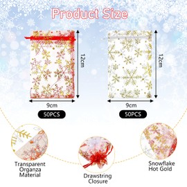 100 Pcs Organza Bags, 3.5x4.7 Inch Snowflake Drawstring Gift Bags, Red and White Candy Bags Favors Bags Mesh Jewelry Bags Goody Bags for Valentine’s Day Wedding Birthday Christmas