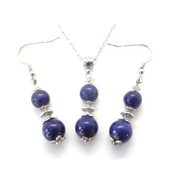 Stainless Steel Necklace and Earrings Set with Blue Lazuli Lapis Beads and Tibetan Beads Pendant