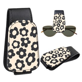 DtuiQSDRV Leather Magnetic Sunglass Holder for Car Sun Visor, Cute Eyeglass Ticket Card Hanger Clip, Universal Auto Interior Accessories for SUV Pickup Truck, Beige Flower