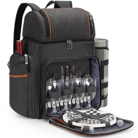 Picnic Backpack for 4, Picnic Basket Set, Leakproof Picnic Bag, Beach Cooler Backpack with Insulated Cooler Wine Pouch,Picnic Blanket, Double Deck Picnic Backpack for Beach,Camping,Park (Brown)