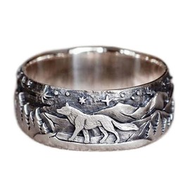 Ecooon Vintage wolf rings for men and women, Norse Viking, vampire wolf yell to the moon rings. Gothic Nordic Viking Wolf Celtic Werewolf Size (11)