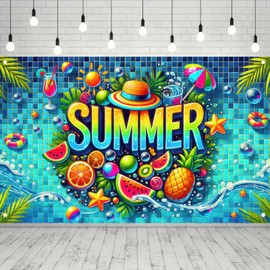 BlissYard Summer Hawaiian Backdrop Banner Seasonal Pool Party Decorations 71 x 43 inch Swimming Fruits Banner for Pool Party Supplies Hello Summer Hawaiian Tropical Themed