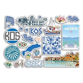 A5 Sticker Sheet Kos Landmarks Vinyl Stickers - Greece Greek Beach Map Airport Stamps Skyline Flag Travel Holiday City Trip Luggage #80286