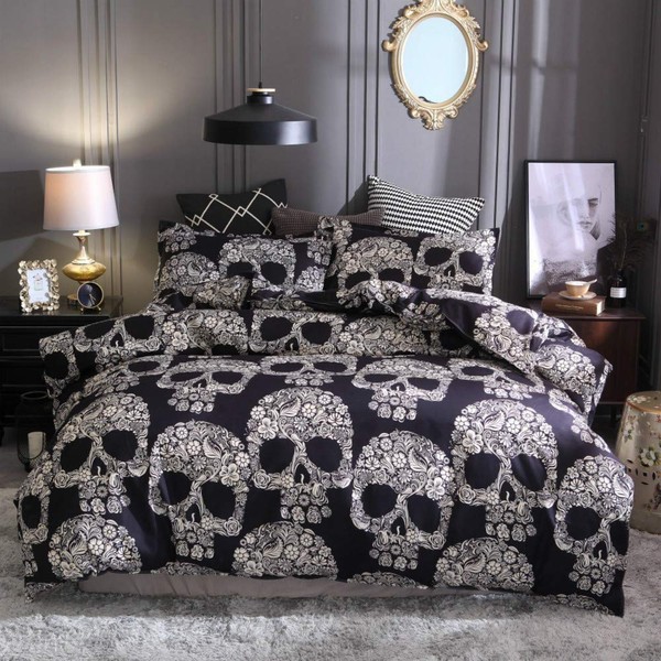 ZHH Skull Bedding Set Black and White Floral Skull Skeleton