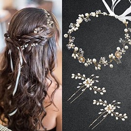 3 Pcs Bridal Wedding Headpieces,Wedding Hair Pins Set Pearl Rhinestone Wedding Hair Piece For Brides Bridesmaids Party Prom Etc,Comes With 16 Black Hidden Clips And A Bow Rubber Band