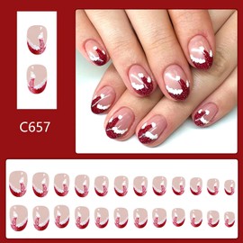 Christmas Press on Nails Short Oval Christmas Fake Nails Full Red Santa Hat French Tip Glue on Nails Christmas Short False Nails Cute Stick on Winter Nails for Women Christmas Day Nail Decorations