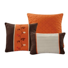 Chezmoi Collection 7-Piece Embroidered Floral Scroll Pleated Orange/Chocolate/Taupe/Tan Bedding Comforter Set (90"x 92" Queen)