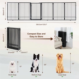 HIDOG Freestanding Dog Gate with Door, 121"W x 31"H Pet Gate Indoor Metal Dog Fence, Folding Dog Gate with 4PCS Feet, No-Assembly Freestanding Pet Barrier for Stairs, Doorways, Halls, Kitchen, Black