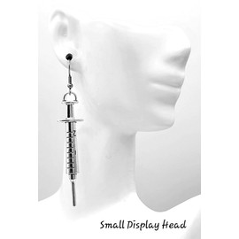 Medical Syringe - 62x6mm- Silver alloy charm dangle earrings. Hypoallergenic Stainless-Steel Fishhook or Silver Plated Ball-Post, or Clip-on Earrings Opt.