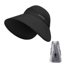 FuninCrea Visor Hat Women, Surrounding Full Face UV Protection Women's Sun Hats Wide Brim Summer Hats with Windproof Rope (CA/US, Alpha, One Size, Black)