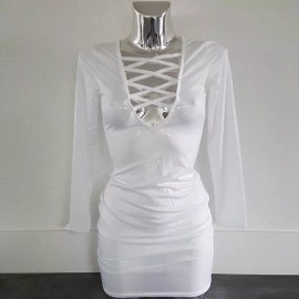 White Laced Up Front Long Sleeve Mini